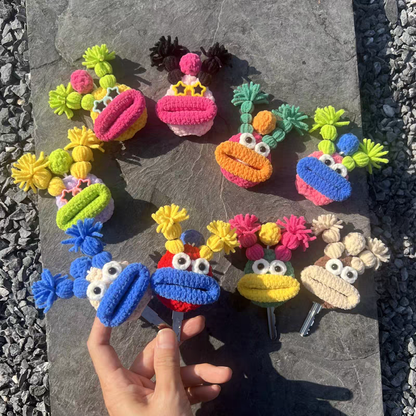 Art Toy Familia - Handmade Crochet Cartoon Sausage Mouth Car Key Holder, Ugly - Cute Keychain Bag Charm Gift, C005 Random 2 - Pack