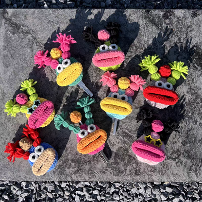 Art Toy Familia - Handmade Crochet Cartoon Sausage Mouth Car Key Holder, Ugly - Cute Keychain Bag Charm Gift, C005 Random 2 - Pack