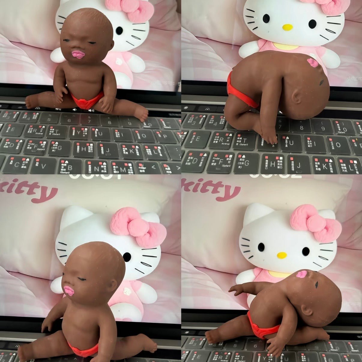 Art Toy Familia Natasha Squeeze Toy — four-pose collage on a laptop keyboard with Hello Kitty plush